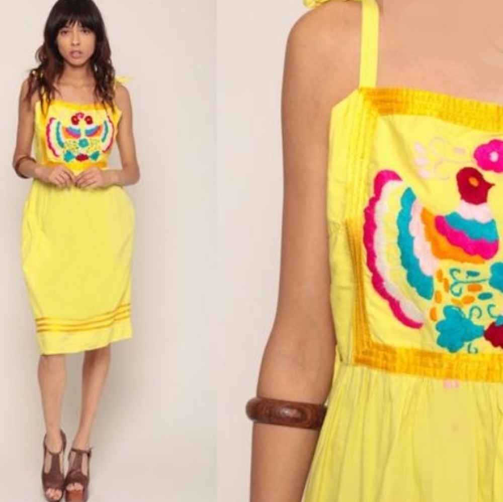 Vintage Handmade Mexican Embroidered Peacock Dress